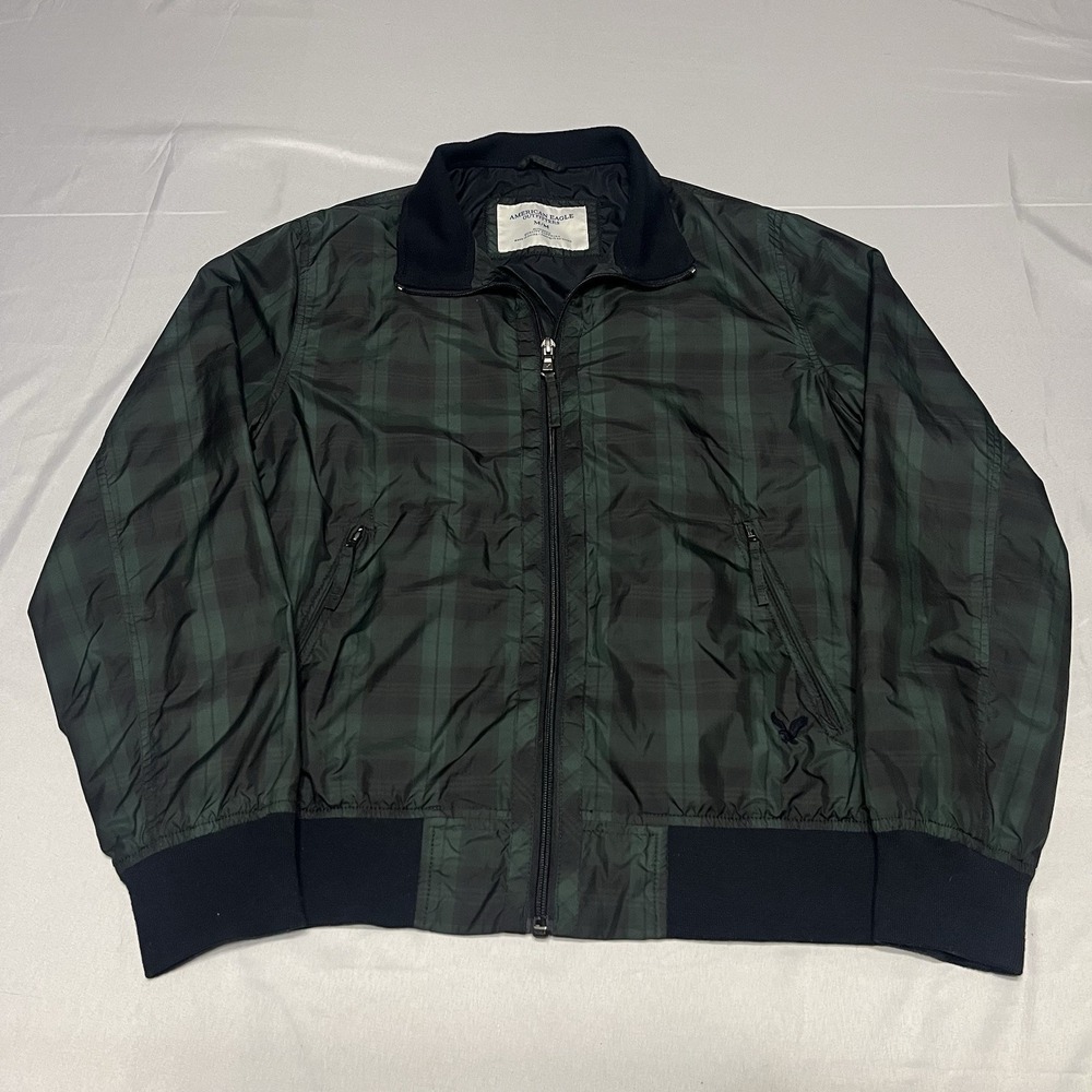Y2K American Eagle Windbreaker Jacket Mens M Blackwatch Plaid Full Zip